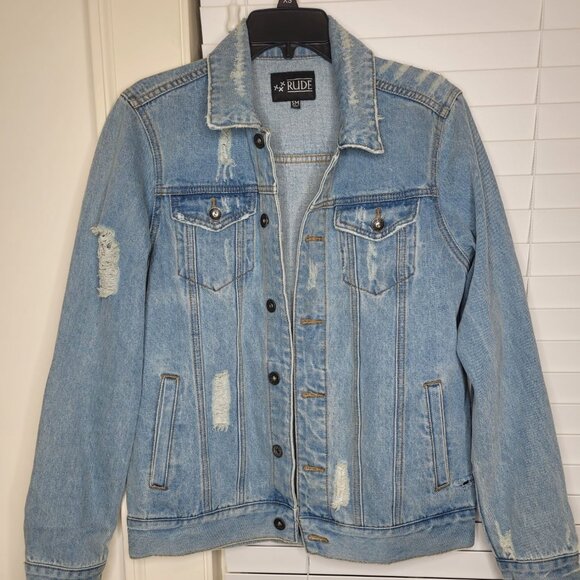 RUDE Other - Mens Distressed Light Wash Denim Jacket S Thrashed GRUNGE Punk Blokecore